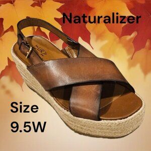 Naturalizer SZ 9.5W Open Toe Brown Leather Espadrille Slingback Buckle 3" Wedge